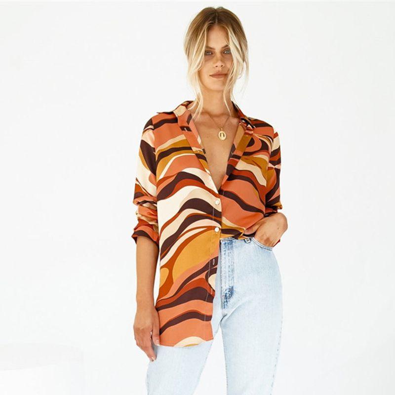 

Wavy Single-Brewed Long-Sleeve Shirt Women s Wave Pattern Single-Breasted Long Sleeve Shirt B L