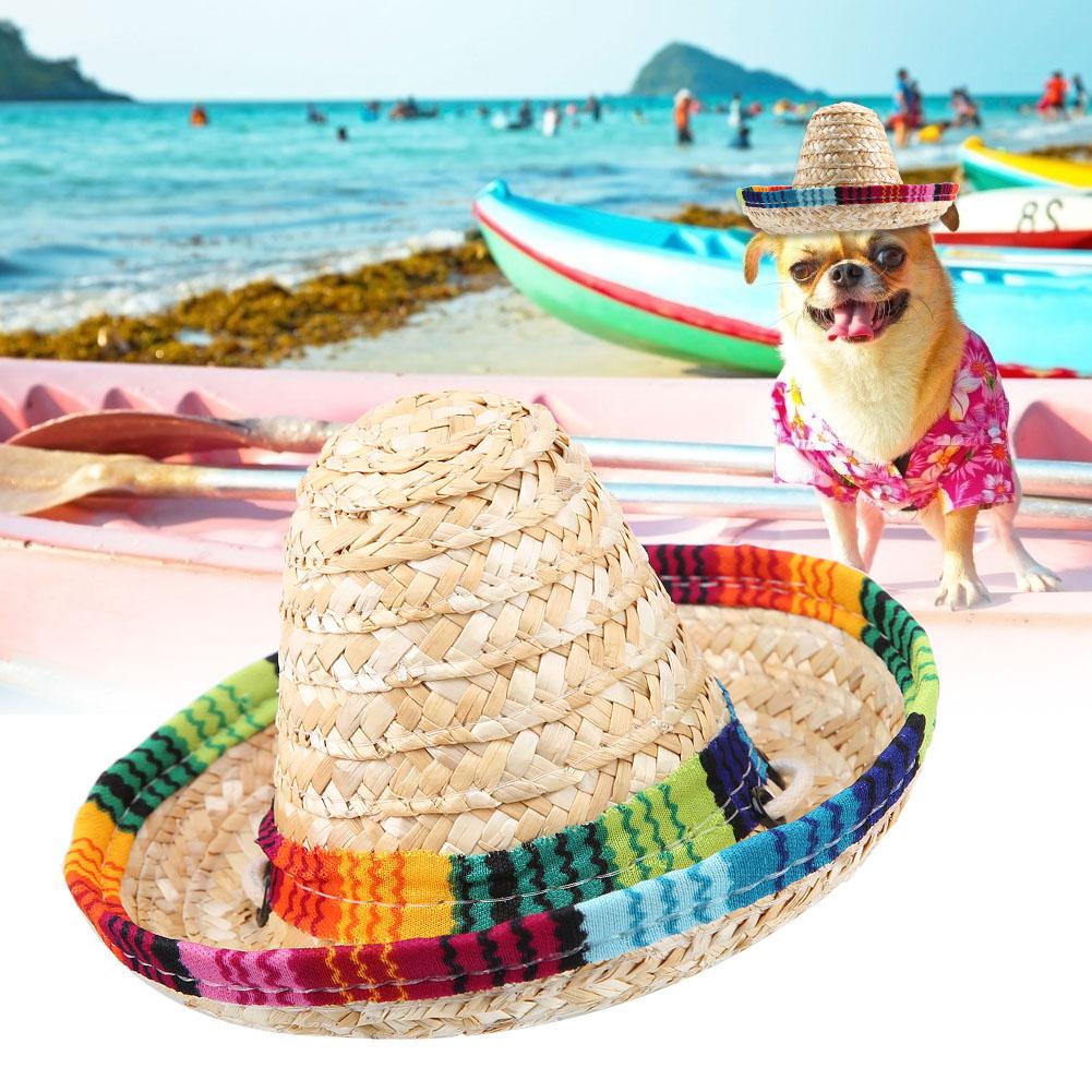 

Mini Straw Sombrero Party Hat for Small Pets Puppy Cat with Cotton Rope Adjustment