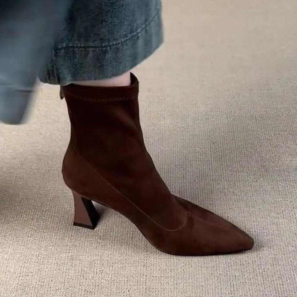 Sheepskin~ French Pointed Short Boots Femininity Maillard Boots High Heels Not Tired Feet Small Ankle Boots Western Thin Boots