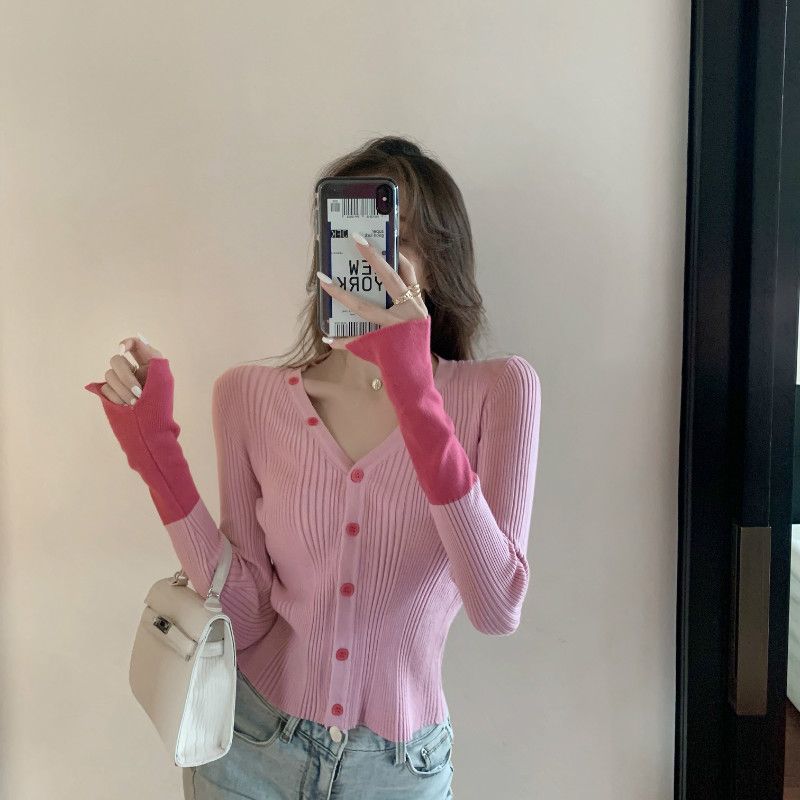 

Осенний вязаный кардиган в стиле пэчворк для женщин с длинными рукавами и подкладкой снизу, короткий и универсальный повседневный топ L розовый