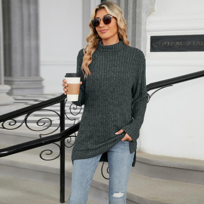 Women S High Neck Loose Long Sleeve Split T Shirt Top