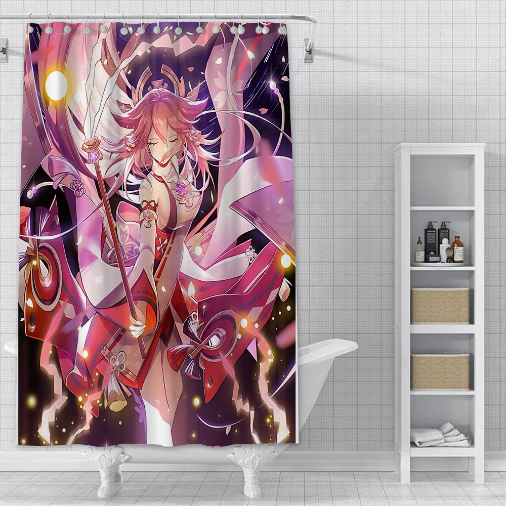 Shower Curtain Genshin Impact Yae Miko Anime Waterproof Fabric Bathroom Curtain With Hooks, Aesthetic Decorative Bath Curtain Fo
