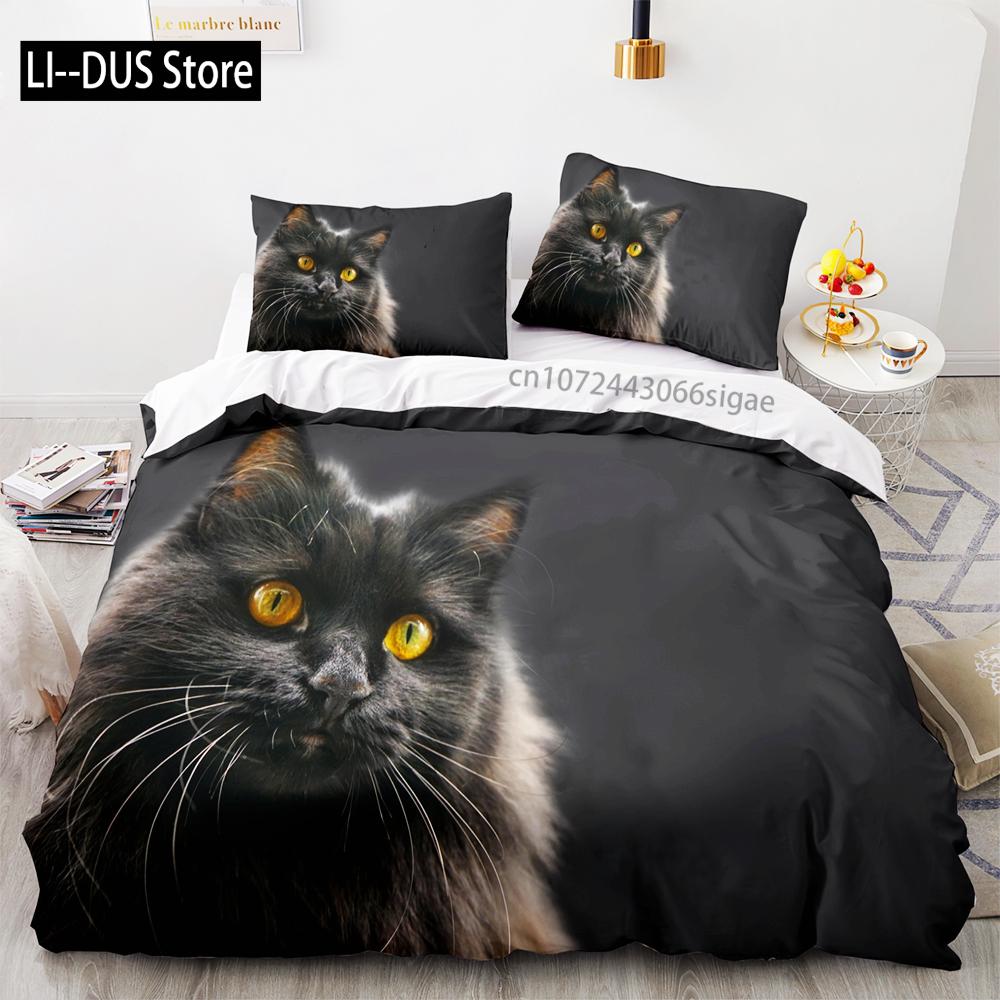Svart katt Sängkläder Set Enkel Tvilling Full Queen King Size Söt katt Sängset Vuxen Barn Sovrum Påslakan Set 3D-tryck Husdjur 048
