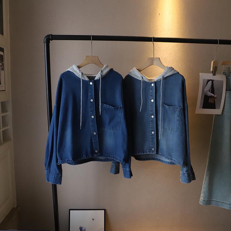 [Bi Zheng] 2025 Korean Style Patchwork Hoodie: Women's Two-Piece Loose Denim Shirt