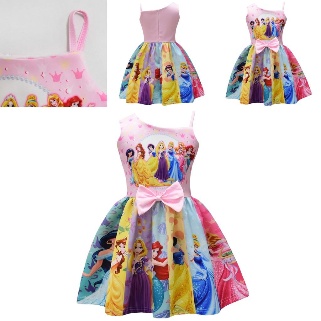 Disney Princess Girl Dress With Bow Knot Cotton Blend For Spring Summer Ages 3 To 8