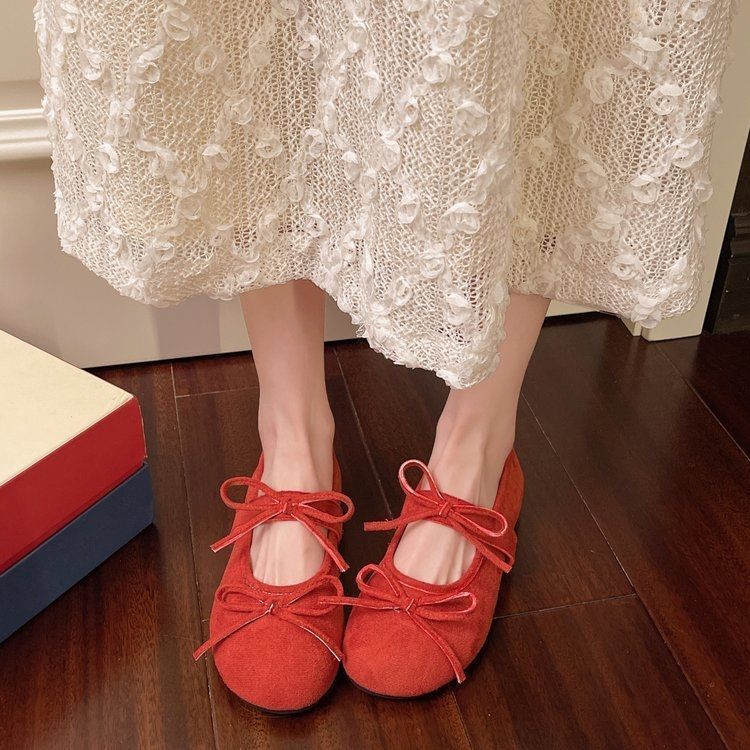 French retro bow Mary Jane shoes women's new versatile flat bottom round head with skirt fashion shoes