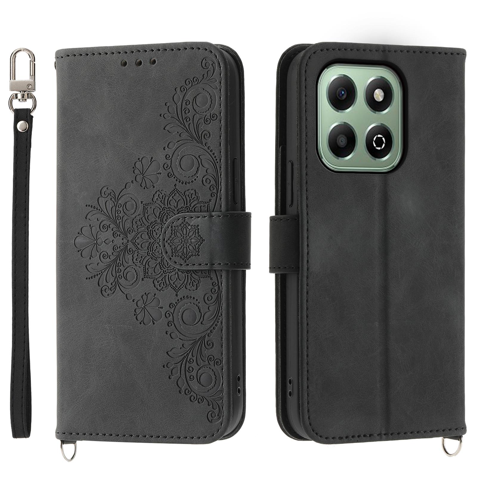 

For Honor X6b 4G Case Flower Pattern PU Leather Wallet Phone Cover with Strap E