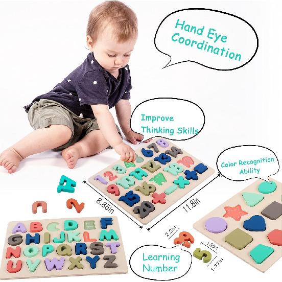 Wooden Puzzles for Toddlers, Kesletney Wooden Alphabet Number Shape Learning Puzzles for Kids, Preschool Educational Toys Gift for Boys Girls Ages 3