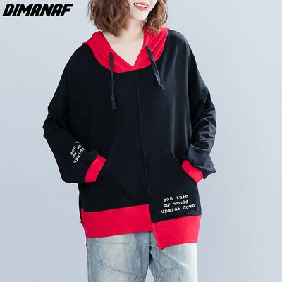 DIMANAF 2022 Autumn Hoodies Sweatshirts Pullovers Patchwork Red Black Tops Women Oversize Loose Casual Letter Printing Cotton