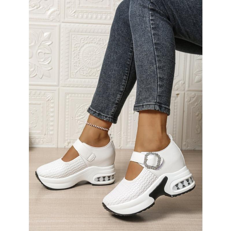 Damen Übergröße Plateau Strassbesatz Slipper Herbst Neu Europäisch Amerikanischer Stil Ein Riemen Schnalle Keilschuhe