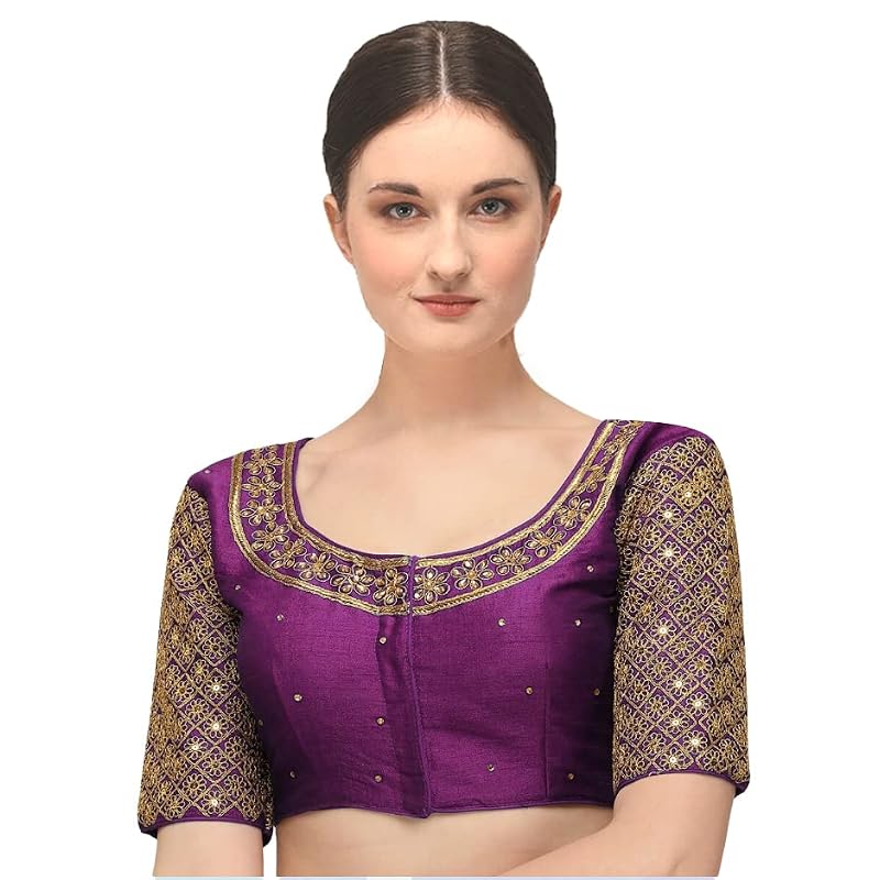 Pujia Mills Women's Embroidery Handwork Sequence Work Necklace Design Readymade Blouse (Violet, 34)