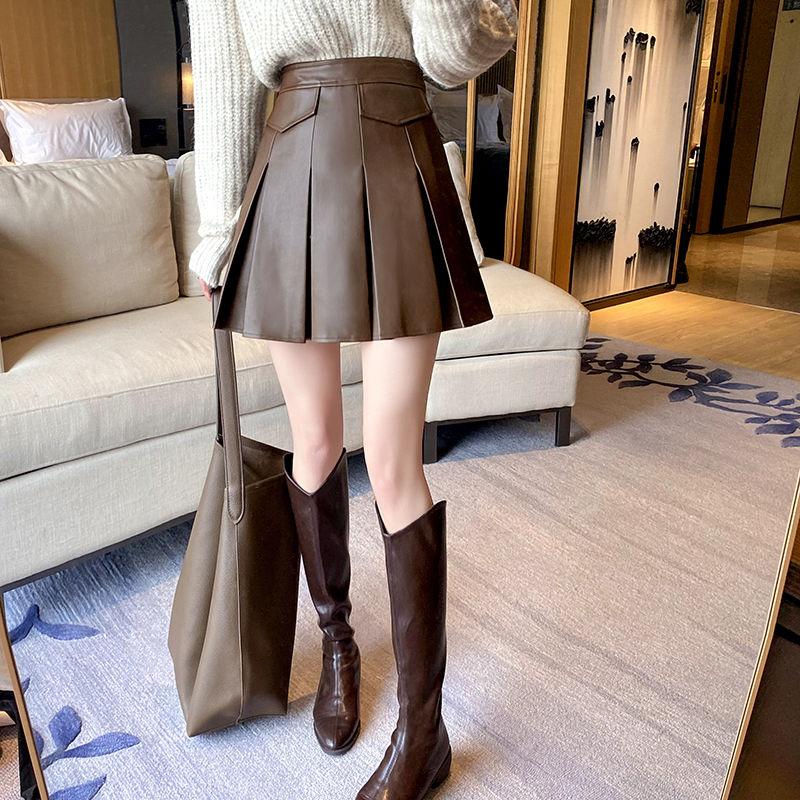 Fuste din piele plisate pentru femei de vară Moda coreeană Fusta scurtă în linie A pentru femeie Za Fusta PU cu talie înaltă Imbracaminte de stradă