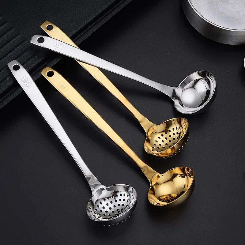 Golden 304 Stainless Steel Soup Ladle Ramen Spoon Skimmer Kitchen Tablespoons Colander New Cooking Utensils