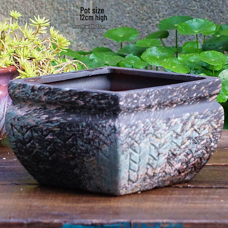 Yixing Handmade Square Mouth Coarse Pottery Planter - Large Succulent Flower Pot with Old Branch Design and Jade Pendant.