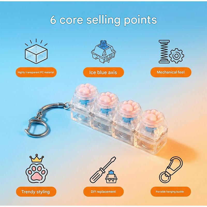 LED Light Cat Paw Keyboard Keychain Portable Stress Relief Fidget Toy Desktop Accessory for Office Decor Anti-Anxiety Small Gift