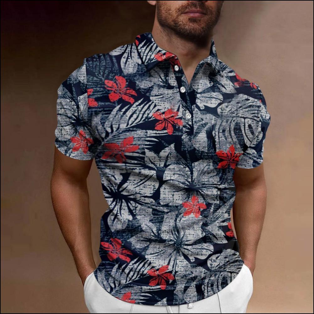 Trendiges kurzärmeliges Poloshirt mit Blumenprint, perfekte Freizeitkleidung für Herren.