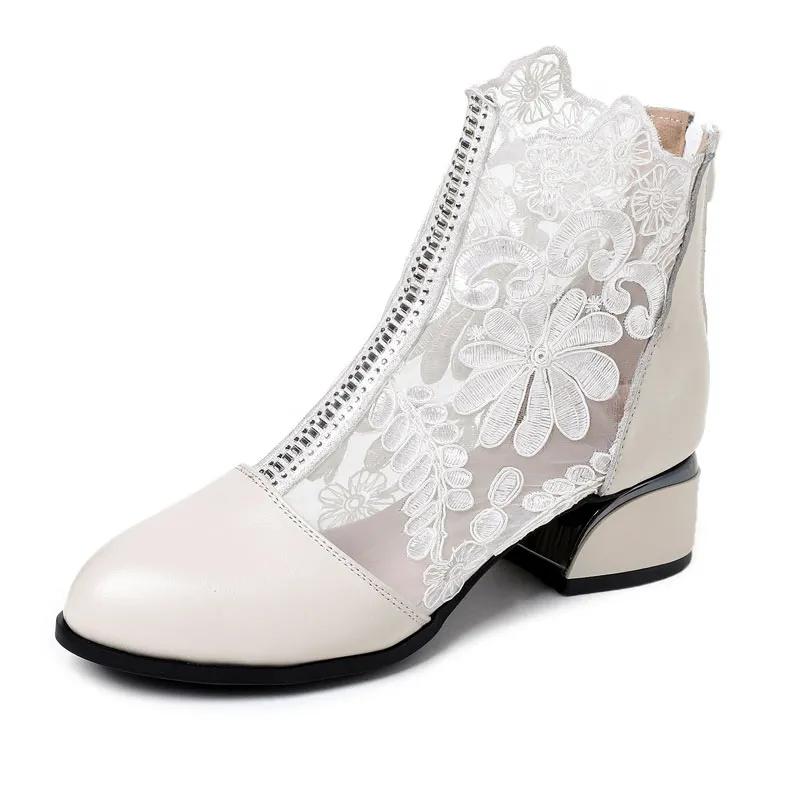 Fashion GKTINOO Women's Shoes Lace Genuine Cow Leather Spring Summer Fashion Boots Thick Heel Round Toe Ankle Boots Shoe Plus Size 35-43