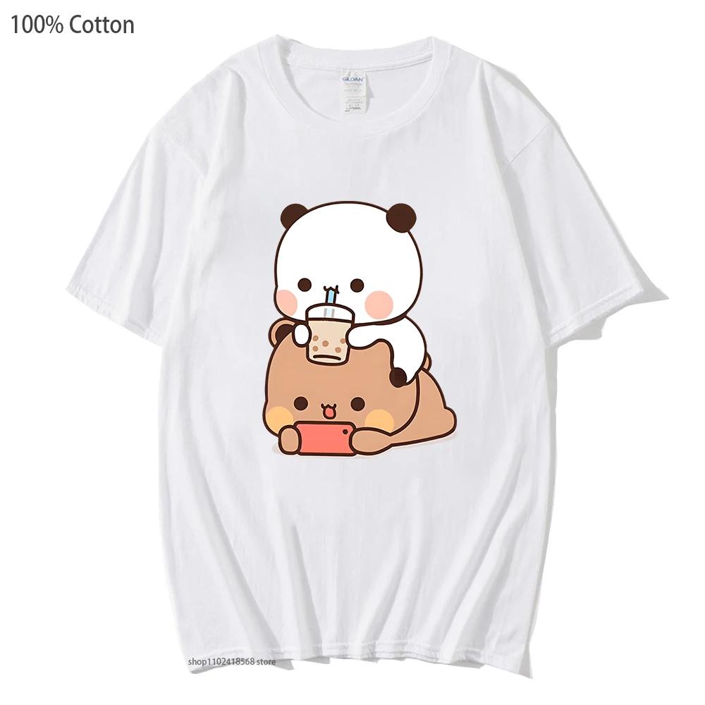 Bubu Is Watching Dudu While He Playing Games T-Shirts Cute Panda Bear Cartoon Tshirts Women Funny Top Kawaii Clothes