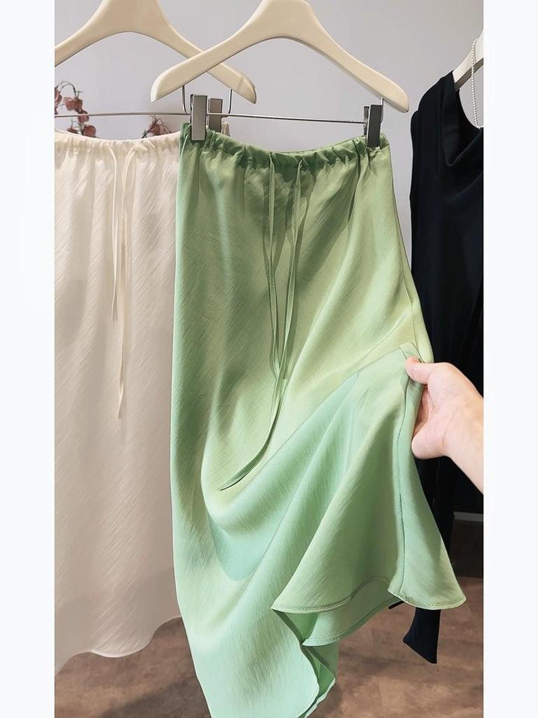 Korean Style Elastic Waist Tencel Midi Skirt - Women's Spring/Summer Drapey Casual Bodycon Skirt