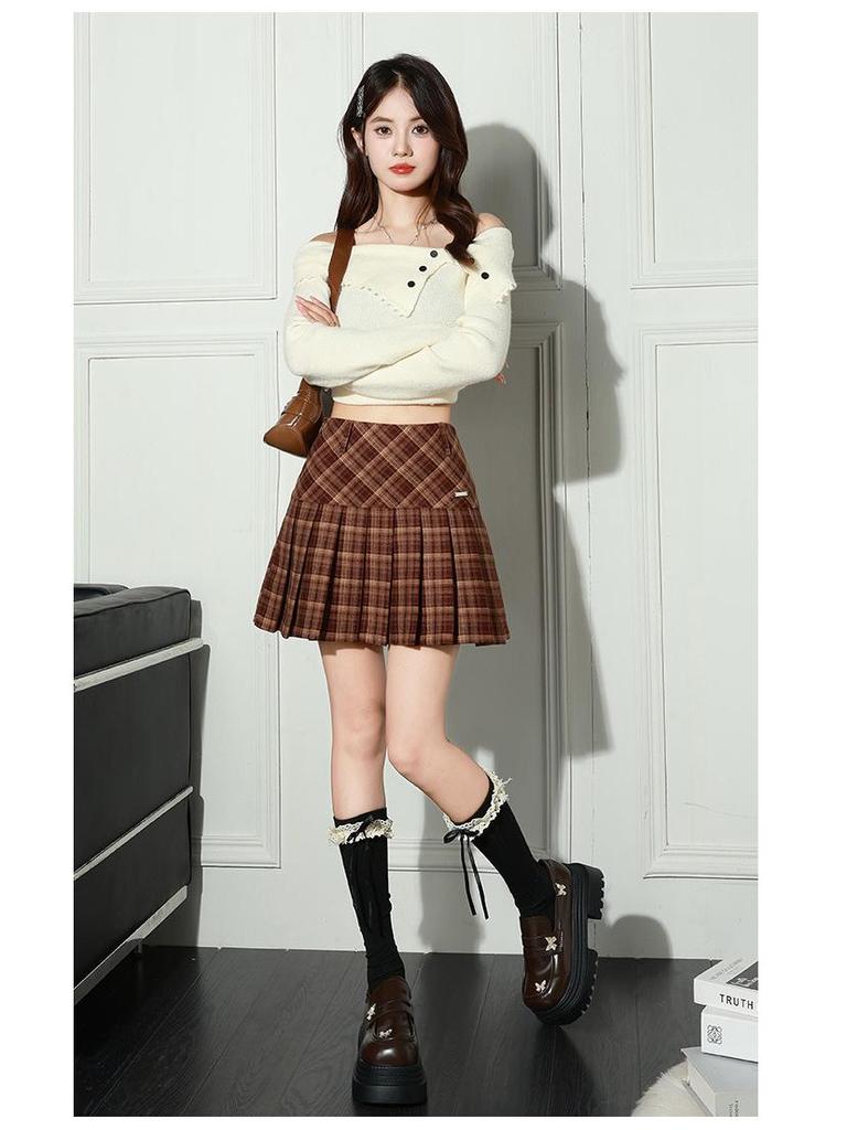 2025 College-Style Retro Pleated Wool Blend High-Waisted Midi Skirt - Slim and Visually Elongating