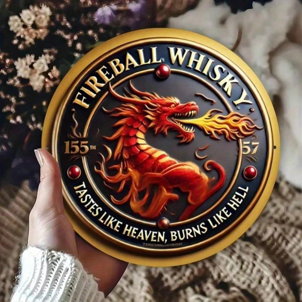 Metal Wall Art Dragon Decor, Vintage Whiskey Poster for Man Cave, Fire Globe Vintage Tin Sign