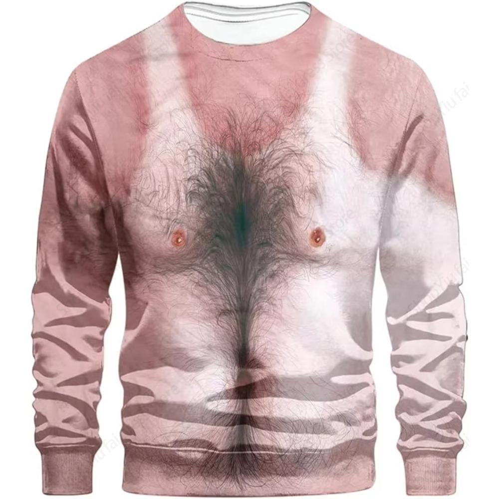 Rundhals Langarm T-Shirt 3D Lustig Muskelkörper Bedruckte T-Shirts Slim Oversized T-Shirt Herren Oberteile Hässliche Brusthaare Oberteile T-Shirts Neu