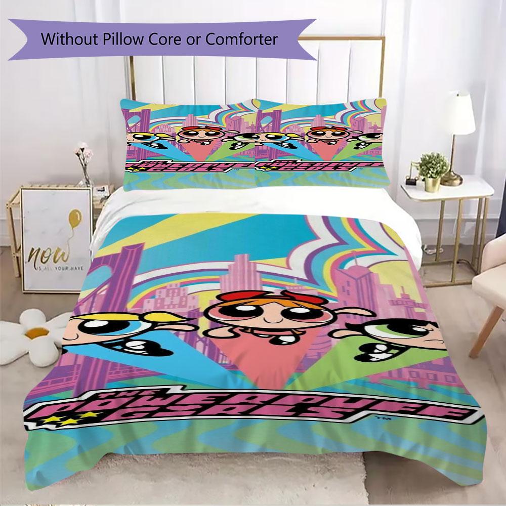 Cartoon Powerpuff Girls print children's duvet cover set, soft and skin-friendly, available in multiple sizes, bedroom bedding.