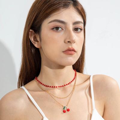 Cross Border Red Rice Bead Bead Multi-Layer Necklace Set with Rhinestones Cherry Cherries Pendant Necklace Three Piece Set