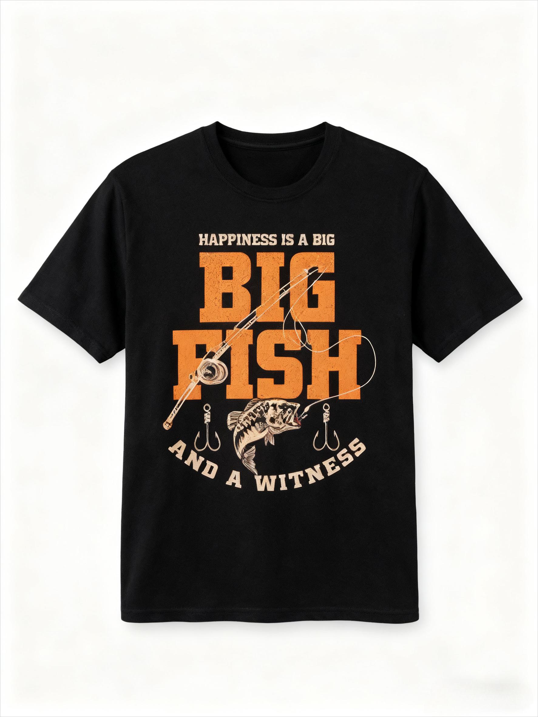 Счастье - это большая рыба Графическая футболка Винтажный принт с цитатой о рыбалке Хлопковая футболка Верх для рыбака на открытом воздухе для мужчин женщин S