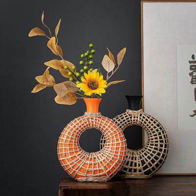 Ceramic Vase Straw Plaited Article Geometric Rattan Flower Vase Floral Arrangement Accessories Home Decoration Accessories