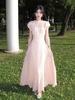 French Gentle Wind Pink Short Sleeve Dress 2026 Giant Good-looking Holiday Style Temperament Waist Long Skirt