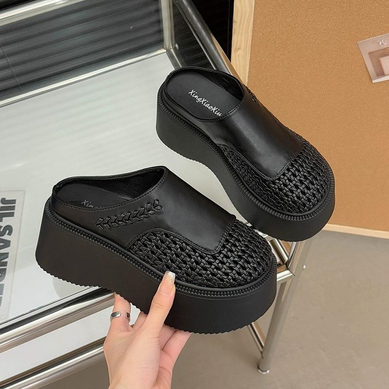 2025 Summer New Outer Wear Temperament Bag Head Slippers Korean Version Fashionable Versatile Thick Bottom Breathable Mesh Half Drag Women