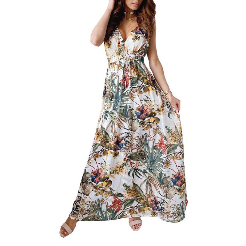 Boho Dress Sexy Deep V Neck Dress Printed Backless Maxi Dress Summer Beach Sleeveless Lace Up Dress