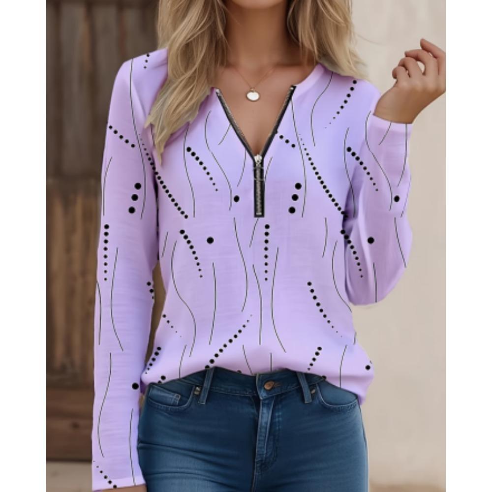 Autumn Zipper V Neck Long Sleeve Print Casual Top Women's Shirt Fashion Loose Blouses And Tops Female