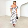 Summer Women's Fashion Print Pleated with Belt Ankel-Length V-Neck Dress