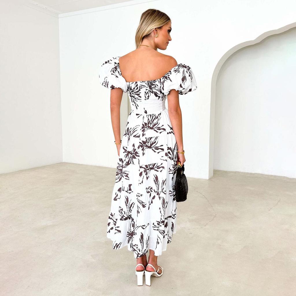 Summer Women's Fashion Print Pleated with Belt Ankel-Length V-Neck Dress