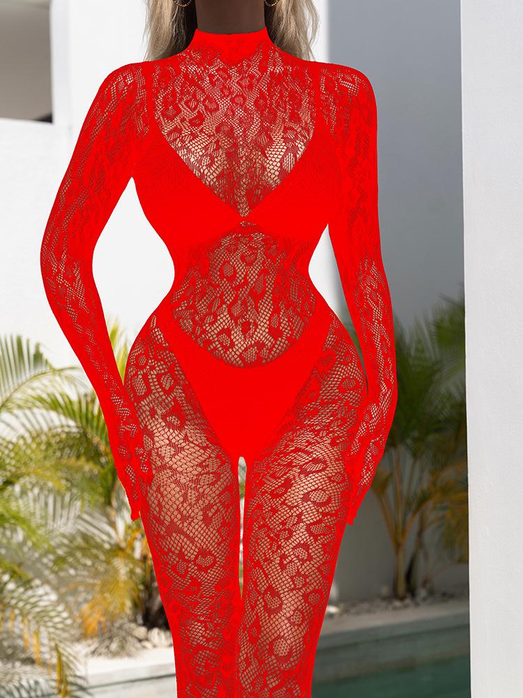 Sultry European & American Long-Sleeved Bodysuit with Fishnet Stockings - See-Through, Closed Crotch