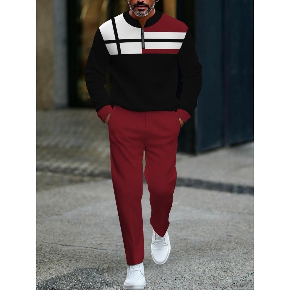 Frühling Herbst Mode Streetwear Herren Langarm Halbreißverschluss Stehkragen Lässige Sportbekleidung Herrenbekleidung Zweiteiliges Set