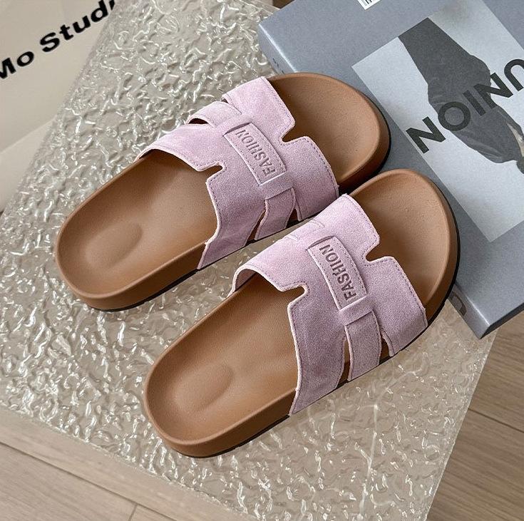 

Korean Xiaoxiangfeng flat-bottomed one-word slippers for women s summer wear elegant open-toed hollowed-out holiday beach cool slippers 40 фиолетовый