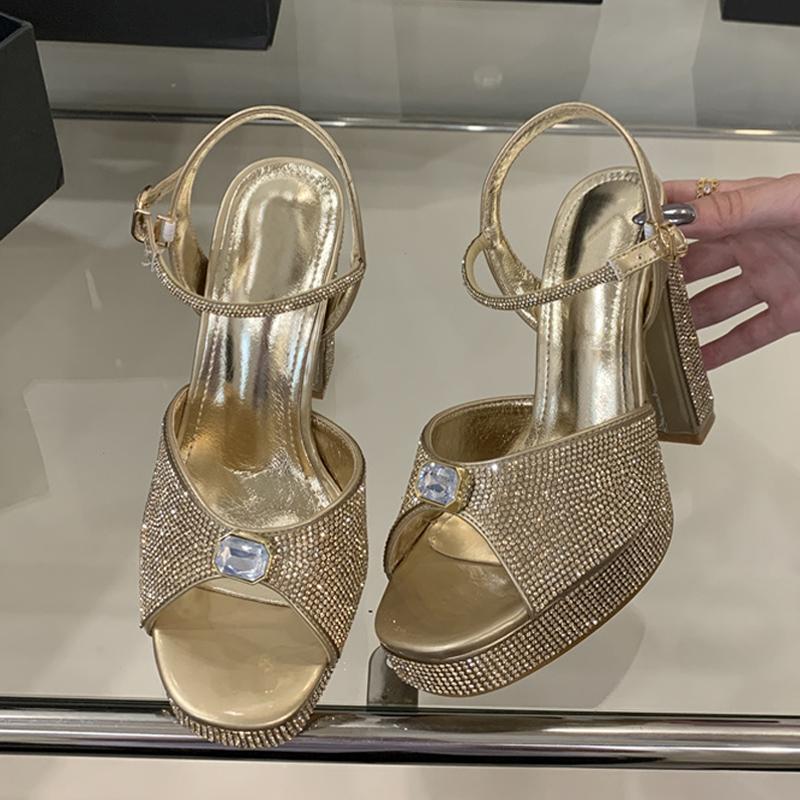 Fashion Liyke Elegant Woman Wedding Party Shoes Sexy Thick Bottom Square Toe Crystal Rhinestone High Heels Platform Sandals Women Silver