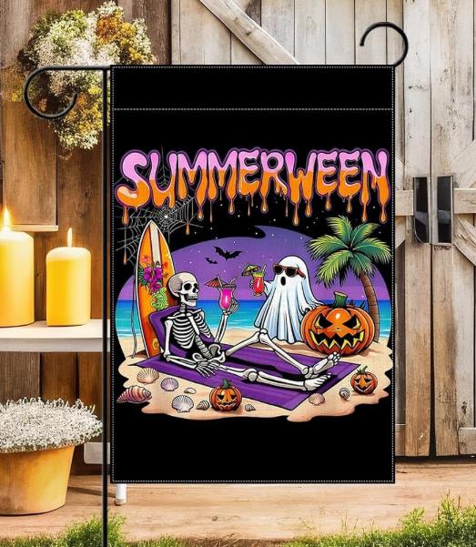 Double Sided Outdoor Garden Flag Summerween Skeleton Ghost Pumpkin Beach Scene Decorative Yard Banner for Seasonal Home Outdoor Display