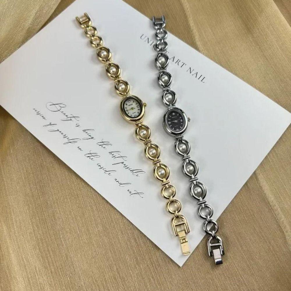 Small Ladies Pearl Bracelet Wristwatch Bead Stylish Oval Watch Women's Quartz Watch  Student