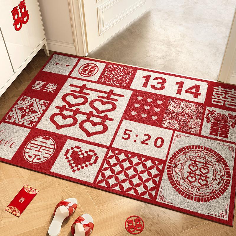 Wedding Entrance Door Floor Mat Red Festive Wedding Room Arrangement Doormat Entrance Door Silk Ring Foot Pad Non-Slip Can Be Cut