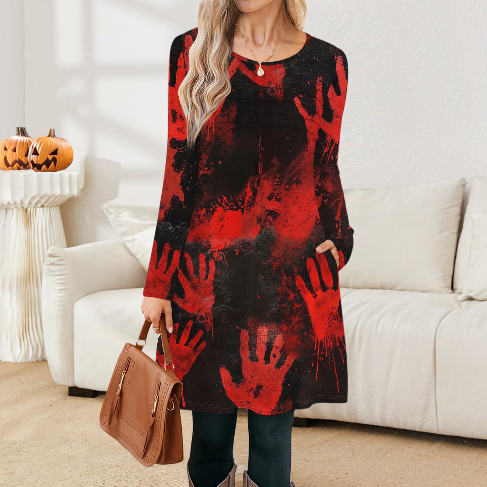 

Women s Casual Fashion Long Sleeve Halloween Graphic Printed Vintage Dresses With Pockets XXL червоний