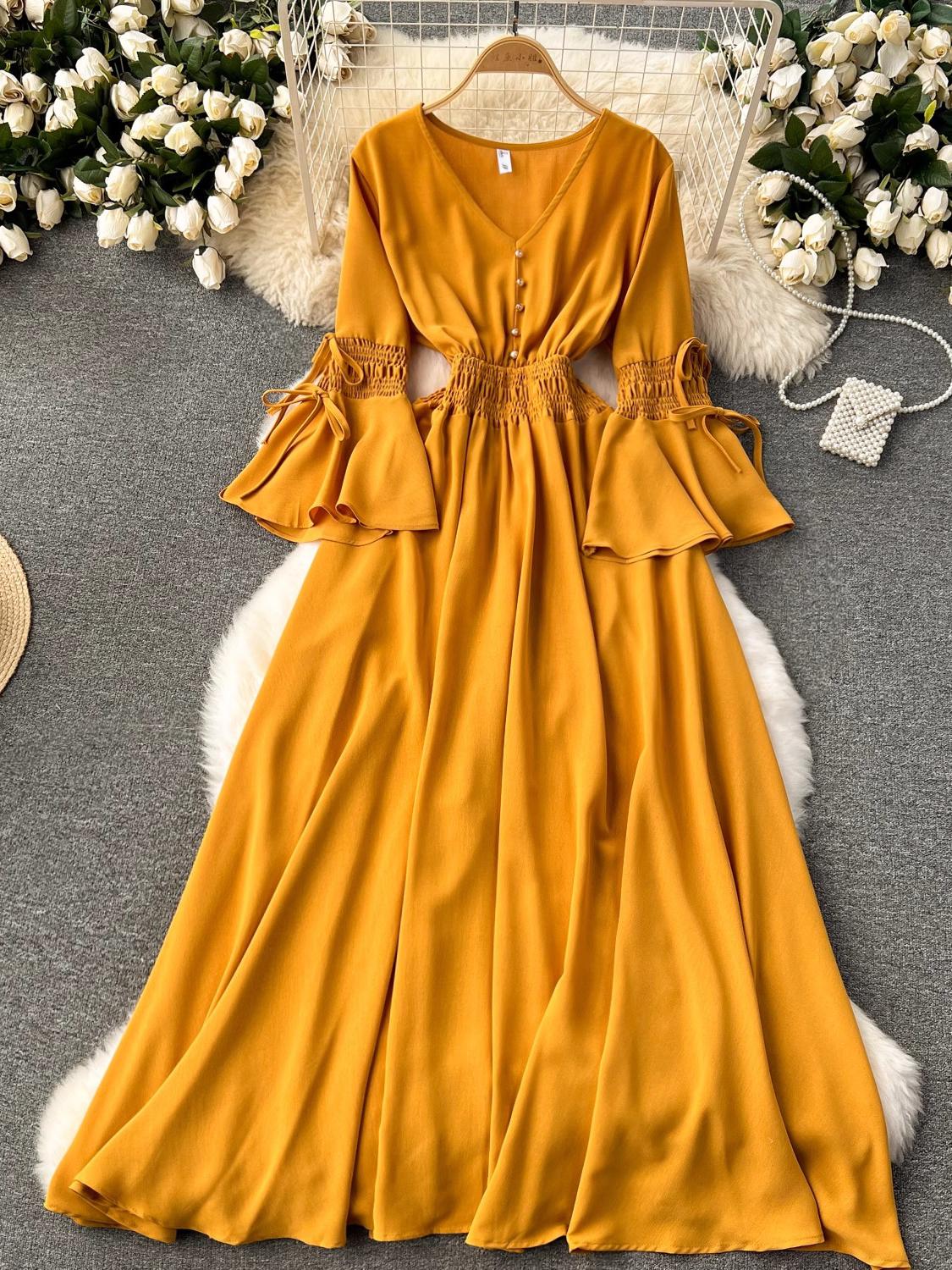 

Весенне-осеннее новое длинное платье ярких цветов Fahison, женское элегантное платье с v-образным вырезом и расклешенными рукавами, с высокой талией, праздничные пляжные платья макси-халат One Size жёлтый