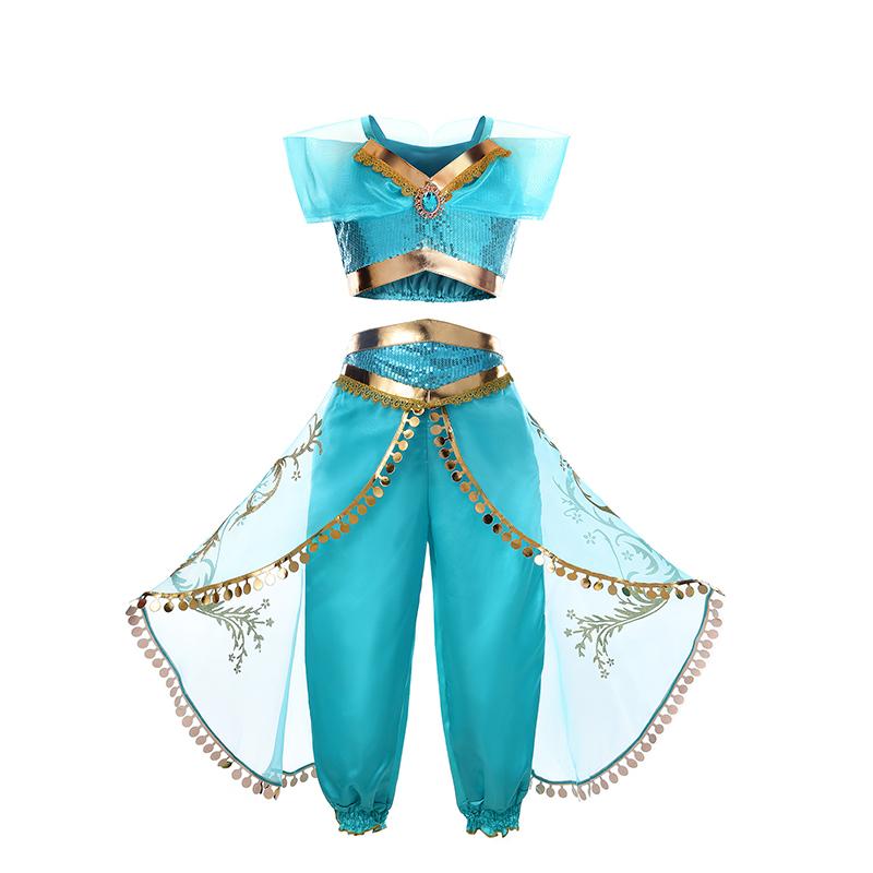 Kinder Arabische Prinzessin Kleid Mädchen Halloween Jasmine Kostüm Kinder Karneval Cosplay Party Verkleidung Mädchen Pailletten Schönheitswettbewerb Outfit 130(5-6T) blue