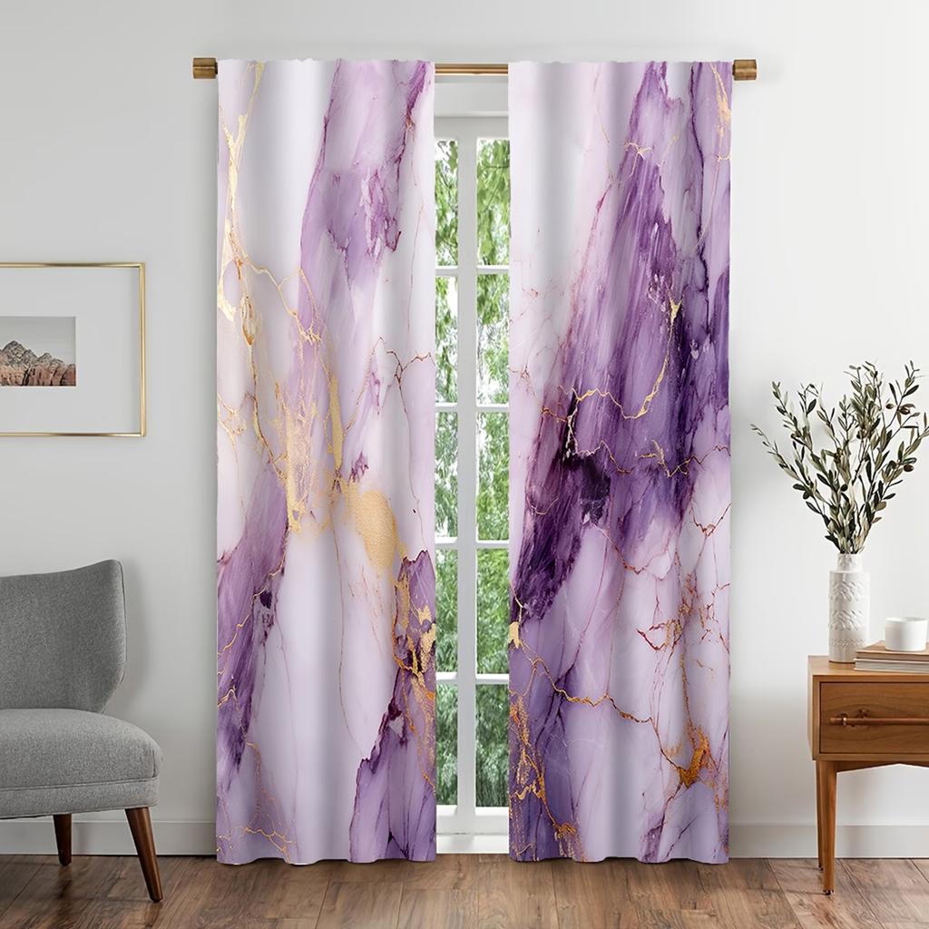 2PC Purple Gold Marble Texture Sheer Curtains - Luxe Modern Stone Print Window Drapes for Living Room Bedroom Decor