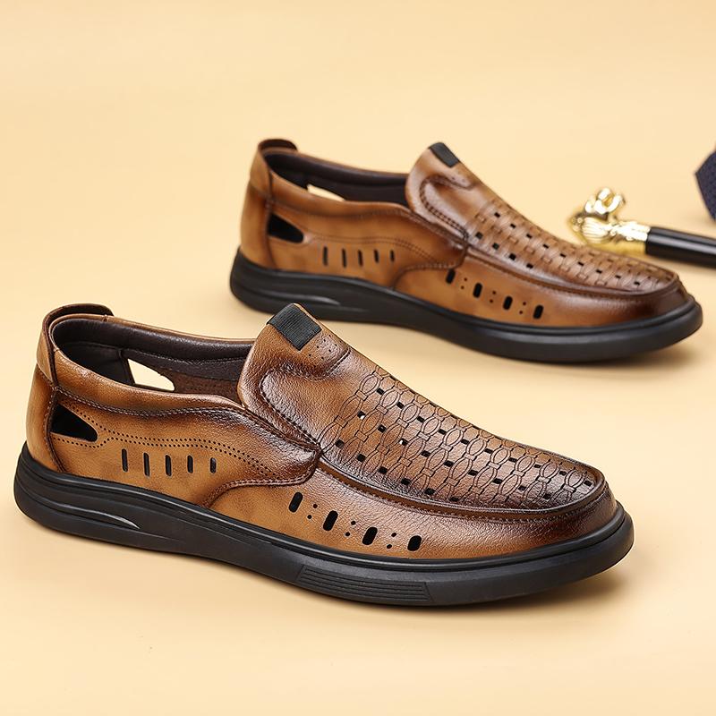 

Fashion Summer Brand Men Casual Hollow Out Shoes Soft Leather Men Loafers Shoe Fashion Designer Breathable Slip on Business Casual Shoes 38 коричневый
