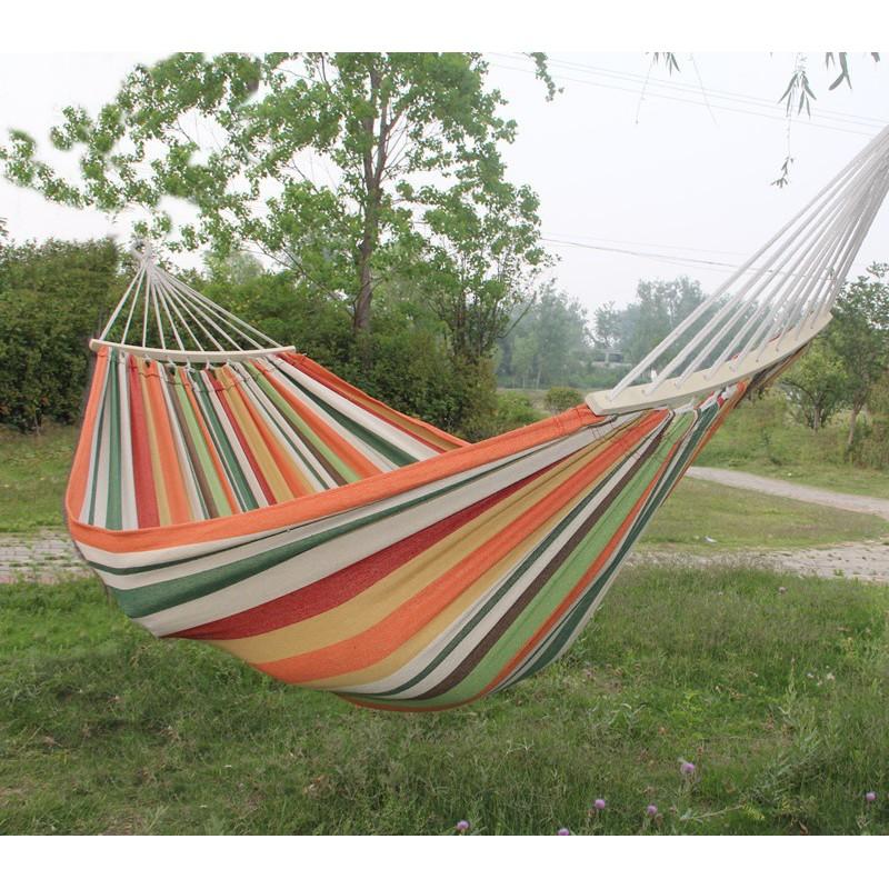 Double Wide Heavy Duty Canvas Hammock With 60cm Wooden Rods Fringe Outdoor Camping Swing Garden Backyard Relaxation