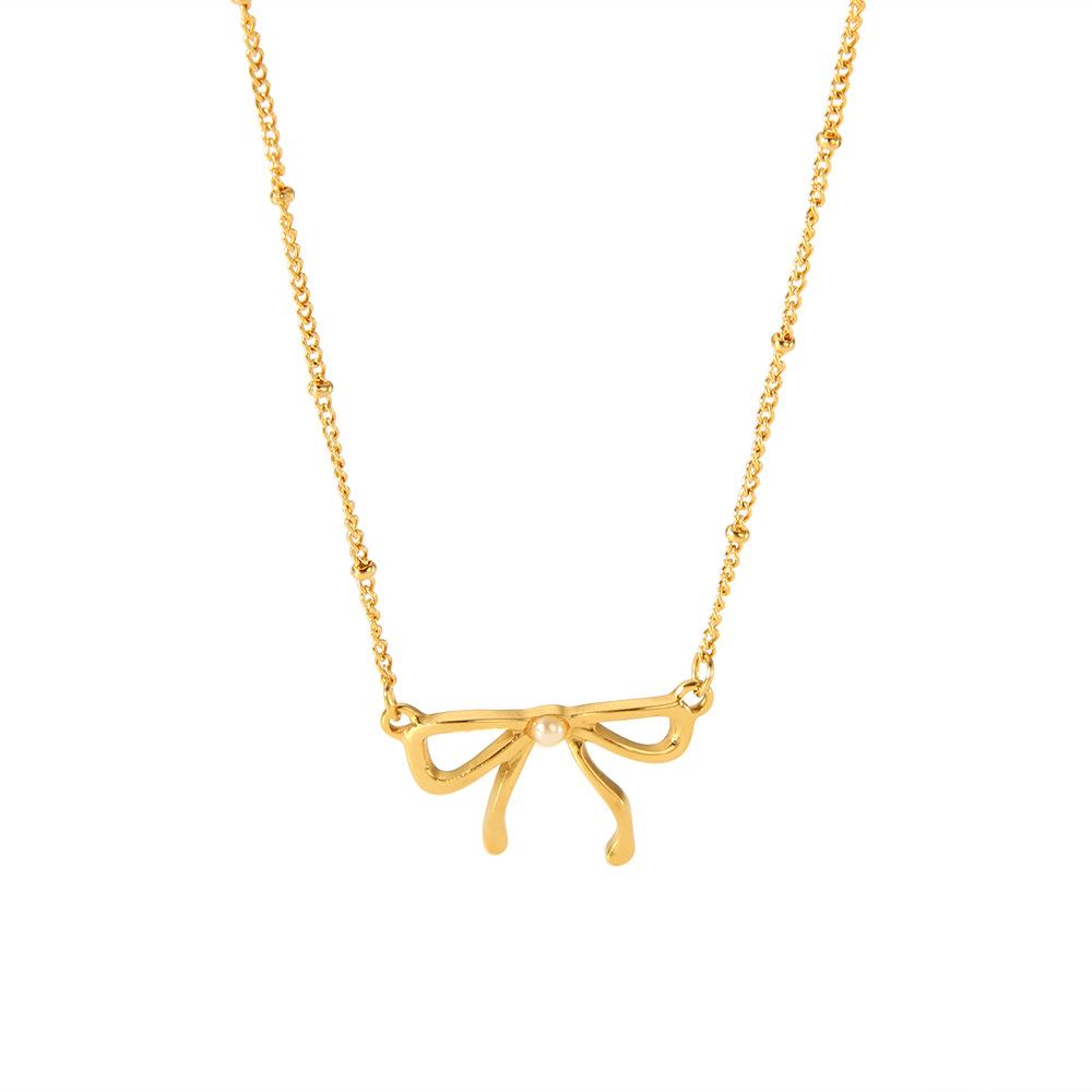 European and American Ins Fashion Light Luxury Hollow Bow Pendant Necklace Plated with 18k Gold Stainless Steel Waterproof Flat Snake Chain Jewelry